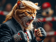 a cat is wearing boxing gloves and a suit