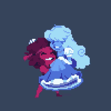 a pixel art of a girl hugging another girl in a blue dress