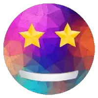 a colorful smiley face with two gold stars in its eyes