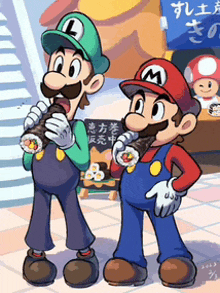 a cartoon of luigi and mario standing next to each other