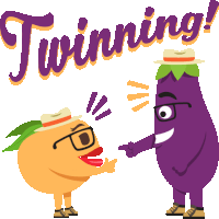 a cartoon illustration of a peach and an eggplant with the words twinning behind them