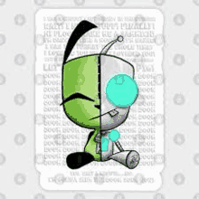 a green and gray cartoon character with a bandage on his head is sitting on a white background .