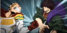 two anime characters are fighting each other and one has a purple scarf