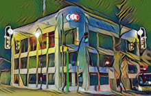 a painting of a building with a ccc logo on the side