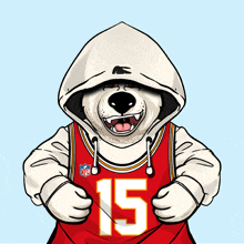 a cartoon of a polar bear wearing a hoodie and a jersey with the number 15 on it