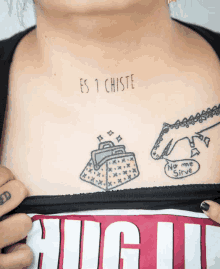 a woman has a tattoo of a purse and a dinosaur on her chest