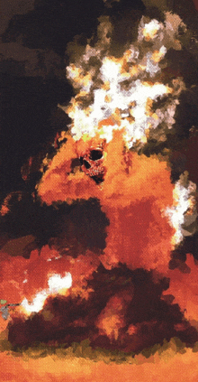 a painting of a fire with a skull in the center