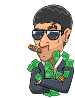 a cartoon of a man smoking a cigar with a bunch of money around him