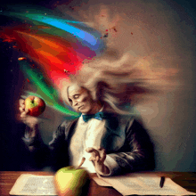 a painting of a man holding an apple with a rainbow of colors coming out of his hair