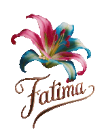 a pink and blue flower with the name fatima written below it