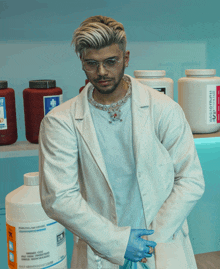 a man in a lab coat is standing in front of a shelf full of bottles including one that says ' fly '