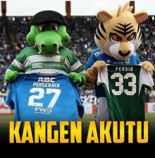 a crocodile and a tiger mascot holding up jerseys with the number 27 and 33