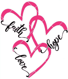 two pink hearts with the words " faith love hope " written on them