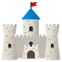 an illustration of a castle with a blue roof and a red flag