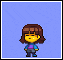 a pixel art drawing of a girl with brown hair and a blue shirt