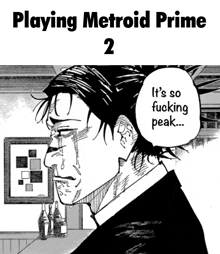 a black and white drawing of a man with the words " playing metroid prime 2 "