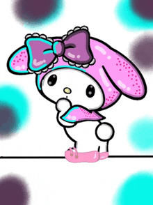 a cartoon of my melody with a purple bow on her head .