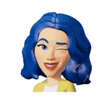 a cartoon character with blue hair is smiling and winking