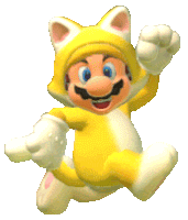 mario is wearing a yellow cat costume and jumping in the air