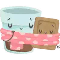 a cartoon drawing of a cup of coffee and a s'mores bar wrapped in a pink scarf