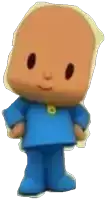 a cartoon character with a bald head wearing a blue shirt and pants