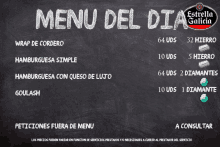 menu del dia written on a blackboard with a estrella galicia logo