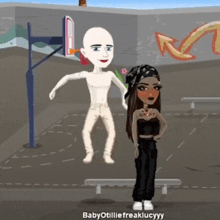 a cartoon of a man and a woman standing next to a basketball hoop with babyotillie freakucyy