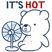 a teddy bear is sitting in front of a fan with the words " it 's hot " above it