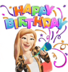 a woman is holding a microphone in front of a happy birthday message .