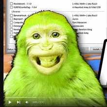 a green monkey is smiling in front of a screen that says noambient