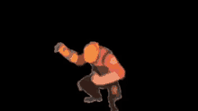 a cartoon of a man in a red shirt and orange helmet dancing on a black background .