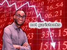 a man with glasses stands in front of a stock chart that says " not garistonks "