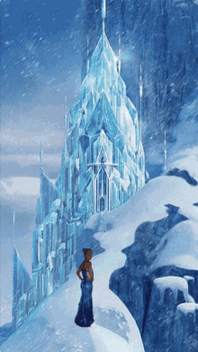 a woman in a blue dress stands in front of a castle made of ice