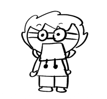 a black and white drawing of a cartoon character with glasses