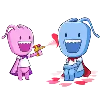 a pink cartoon character is holding a water gun next to a blue cartoon character with a red cape