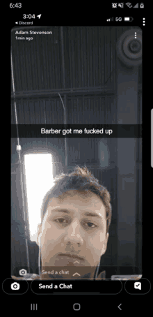 a phone screen shows a snapchat from adam stevenson with the caption barber got me fucked up