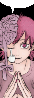 a girl with pink hair is holding a spoon in her mouth .