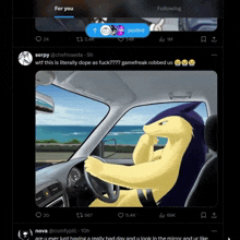 a screenshot of a cartoon character driving a car with the words for you at the top