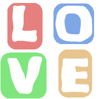 the word love is written in four different colored blocks