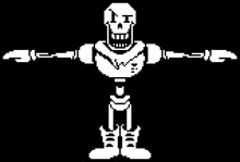 papyrus from undertale is a pixel art character with a skeleton body and arms and legs .