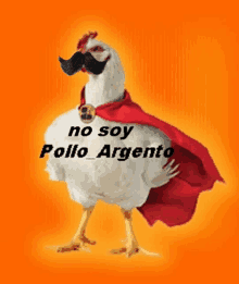 a chicken with a red cape and a mustache says no soy pollo_argento