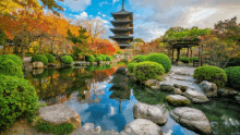 a pagoda is reflected in the water of a pond in a park .