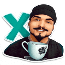 a man with a beard is smiling while holding a cup of coffee in front of an x