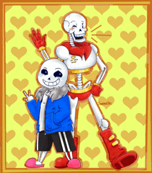 a drawing of sans and papyrus with hearts in the background and the drawing was created by the artist 's name