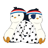 two penguins wearing striped headbands and eye patches are sitting next to each other