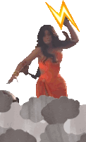 a woman in an orange dress is holding a lightning bolt