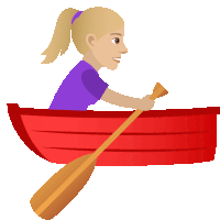 a woman in a purple shirt is paddling a red boat