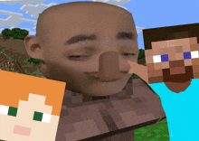 a statue of a man with a long nose is next to a pixelated man