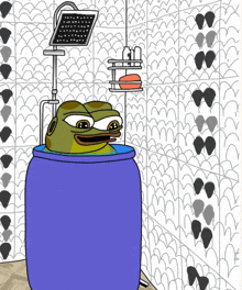 a cartoon of a frog in a blue barrel with a shower head