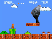 a video game screen shows a man standing on a pipe in mario world 1